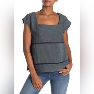 Frye Women Square Neck Blouse Blue & Gray Striped  Top Short Sleeve Size S‎